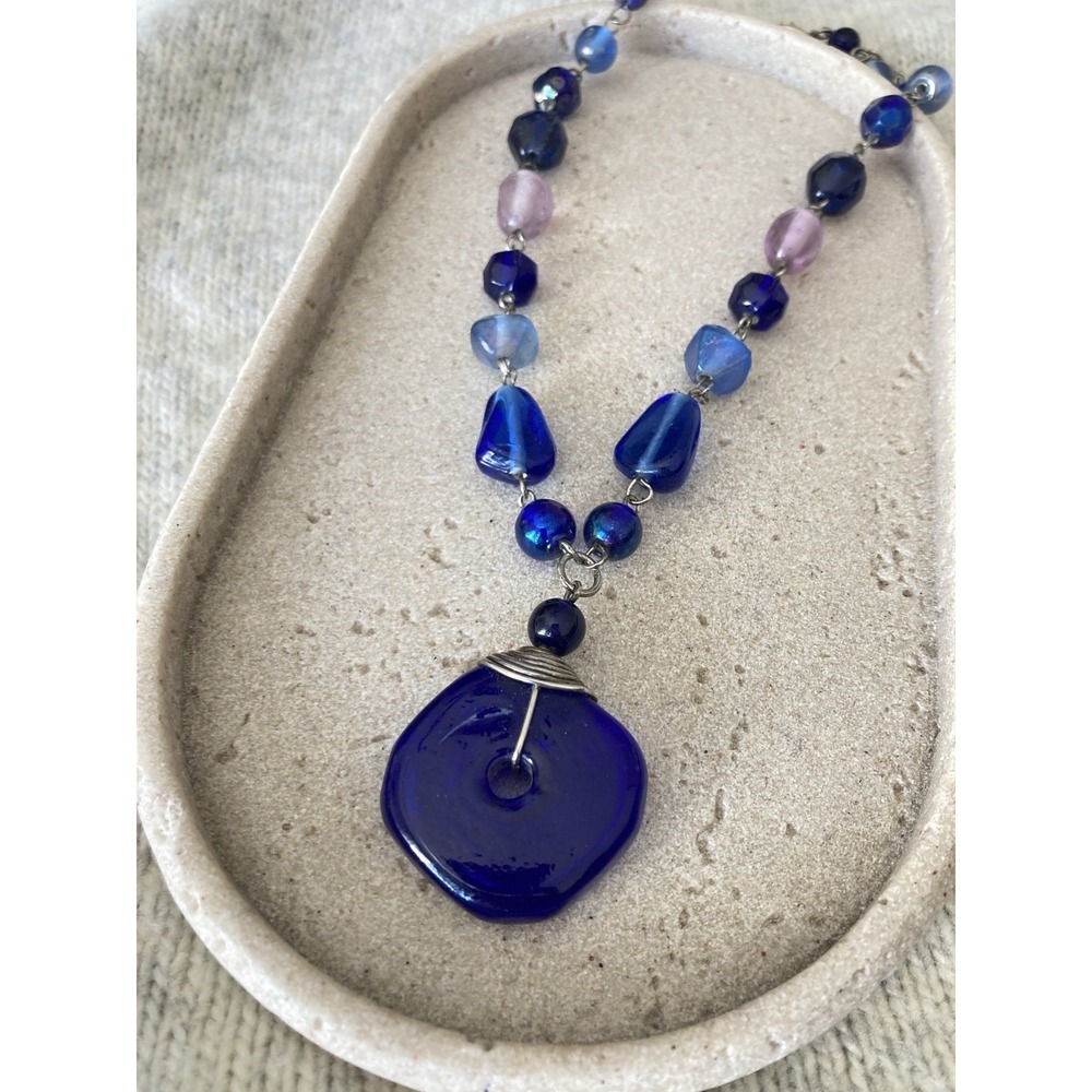 Cobalt Blue Glass Pendant Necklace Purple Beaded Boho Silver Tone Artsy Artisan
